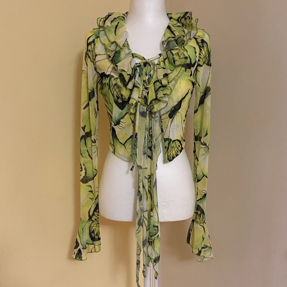 Ruffled Tie-Front Green Floral Women's Top